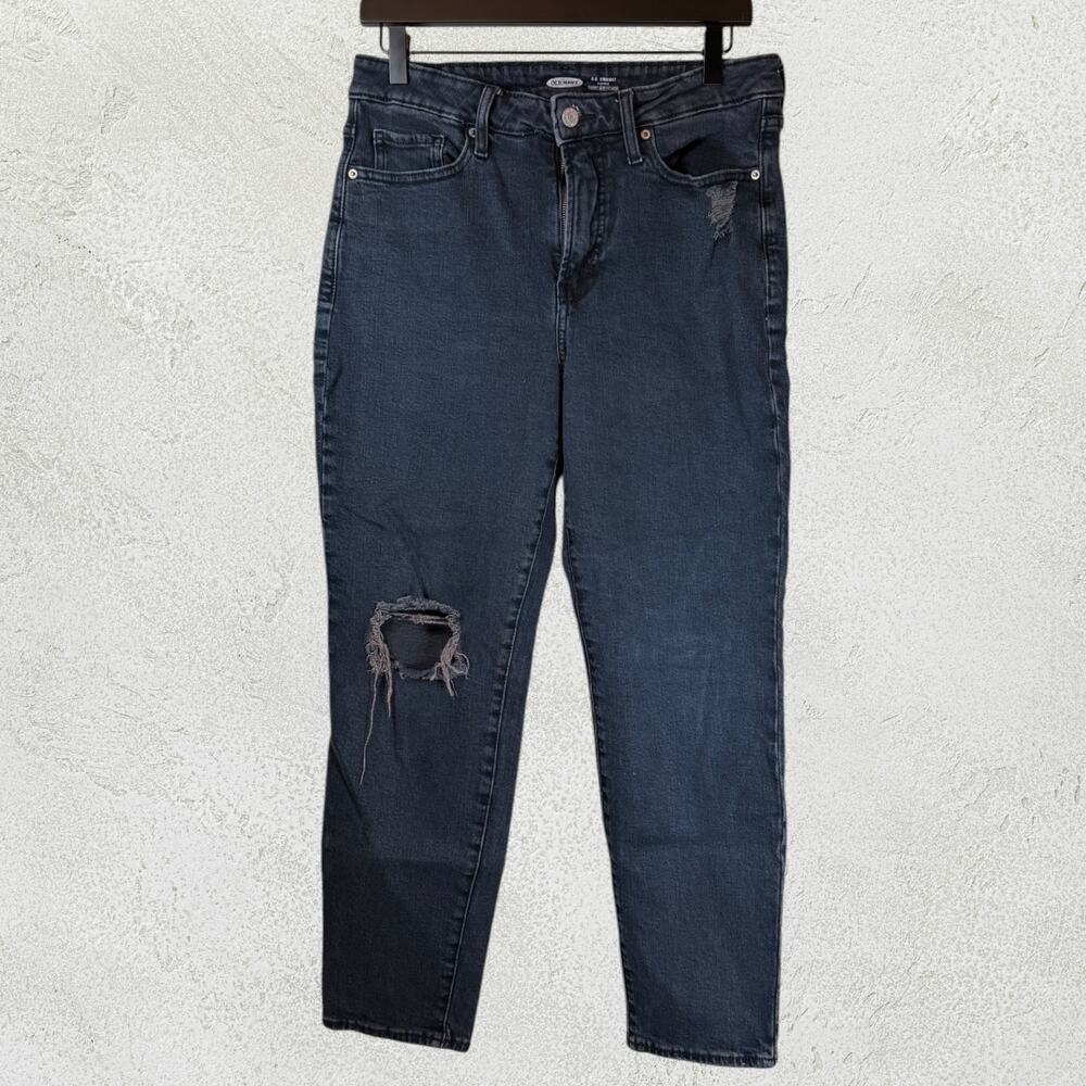 Old Navy OG Straight High Rise Jeans Sz 10 Distressed Knee Washed Black